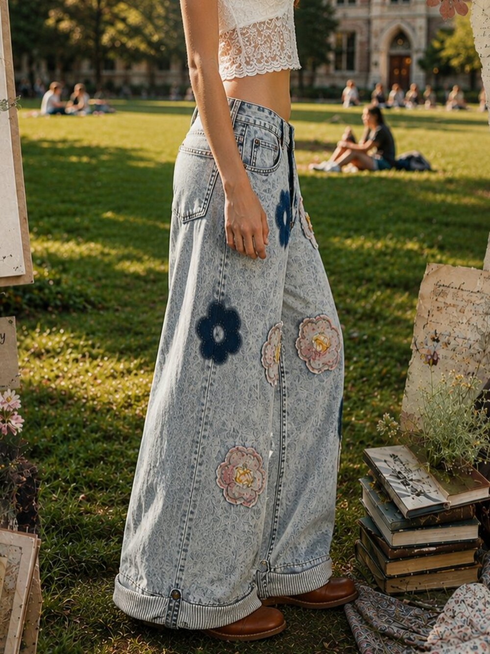 POL Boho Vintage 70s Floral Flower Patch Baggy Flowy Wide Leg Denim Jeans NWT - Picture 3 of 13